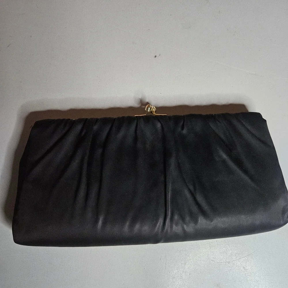 Vintage HL USA Black Satin Ruched Clutch Evening Bag Gold Chain Kiss Lock USA